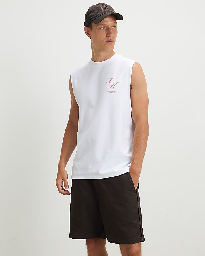 White Regular Fit LA Palm Tree Car Tank Top