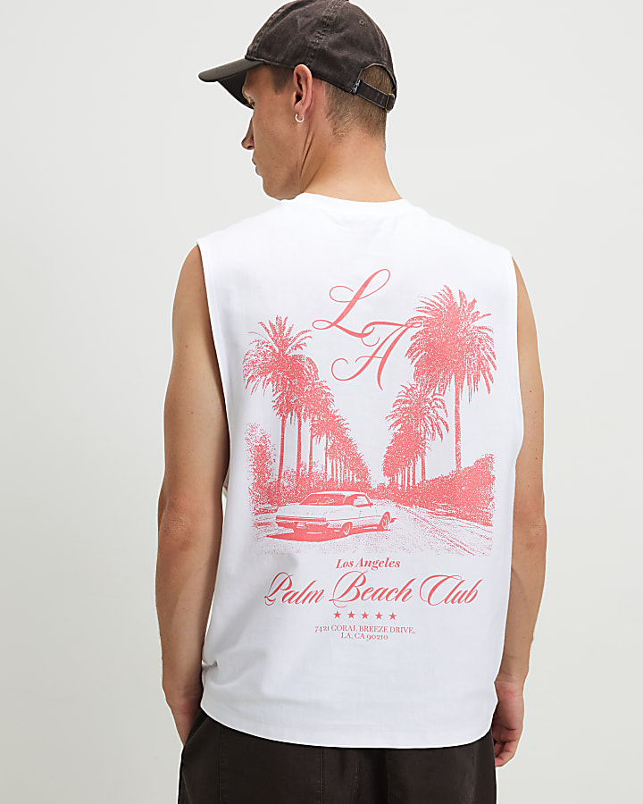 White Regular Fit LA Palm Tree Car Tank Top