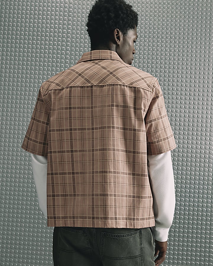 Brown Cotton Check Western Zip Up Shirt