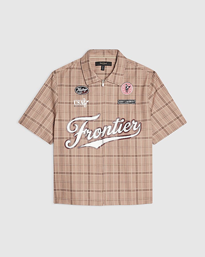 Brown Cotton Check Western Zip Up Shirt
