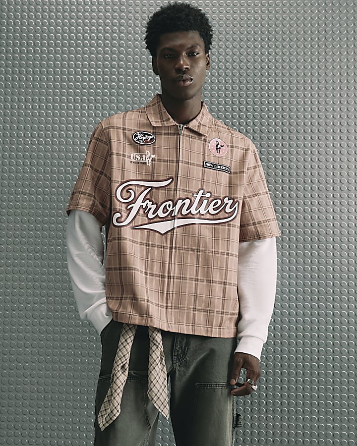Brown Cotton Check Western Zip Up Shirt