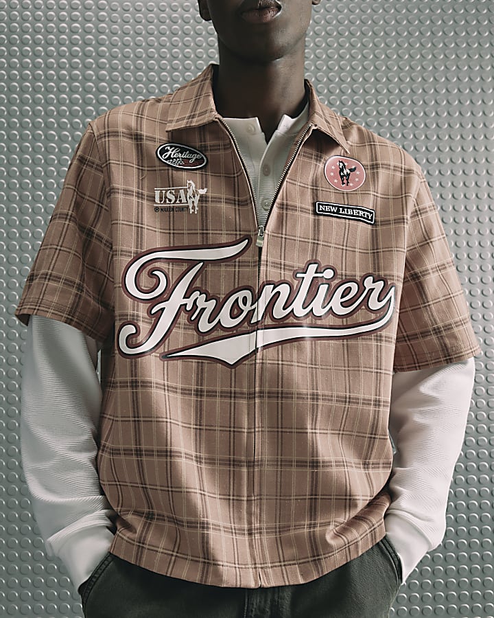 Brown Cotton Check Western Zip Up Shirt