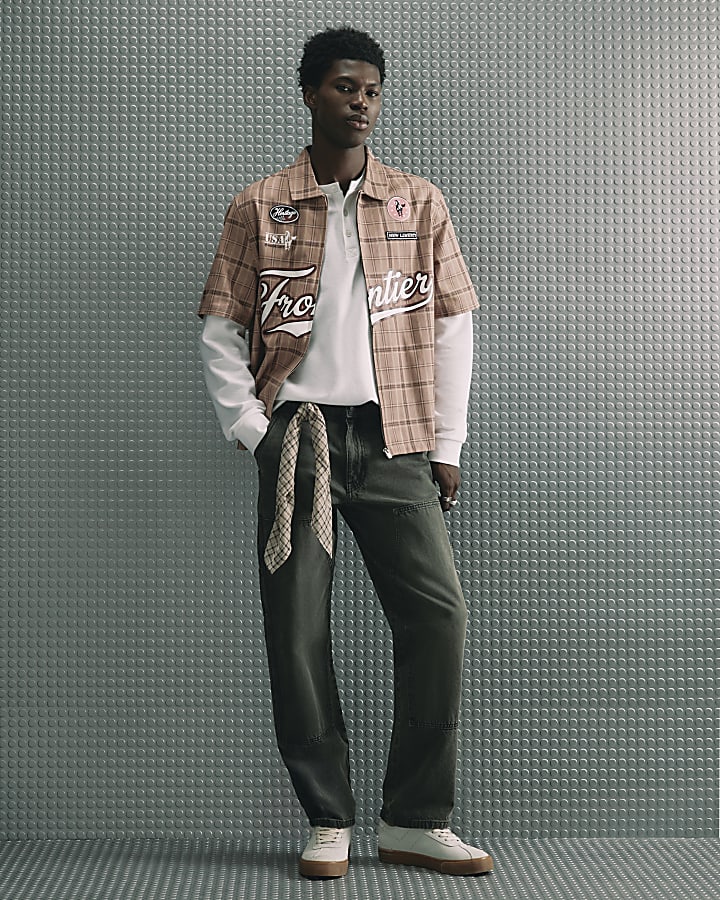 Brown Cotton Check Western Zip Up Shirt
