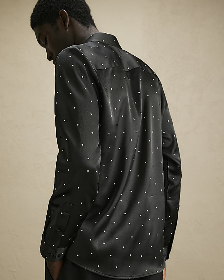 Black Slim Fit Satin Polka Dot Shirt