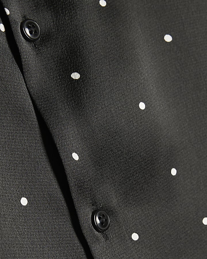 Black Slim Fit Satin Polka Dot Shirt