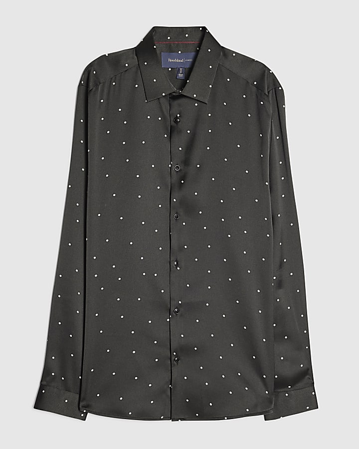 Black Slim Fit Satin Polka Dot Shirt