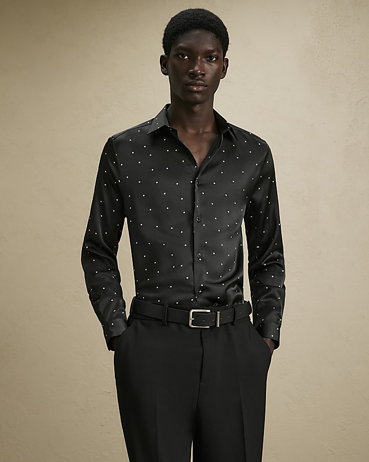 Black Slim Fit Satin Polka Dot Shirt