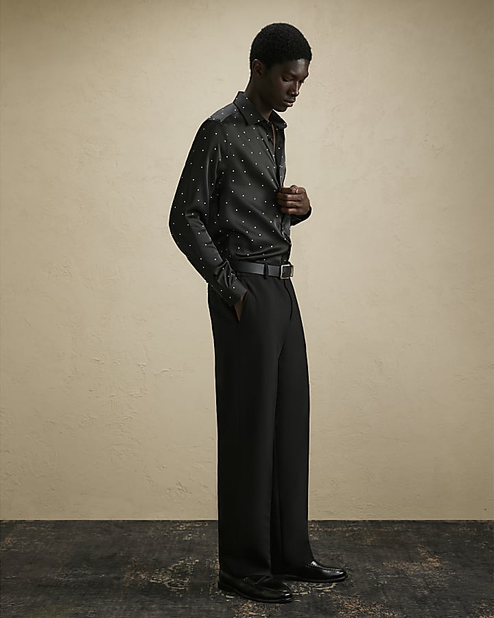 Black Slim Fit Satin Polka Dot Shirt