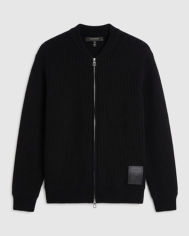 Black Regular Fit Knitted Bomber Jacket