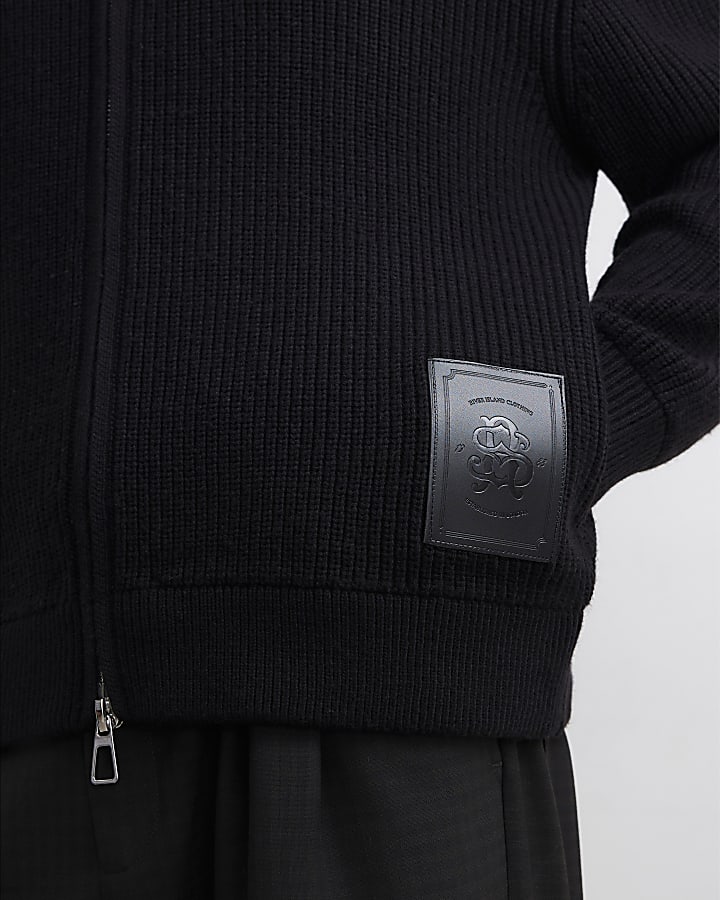 Black Regular Fit Knitted Bomber Jacket