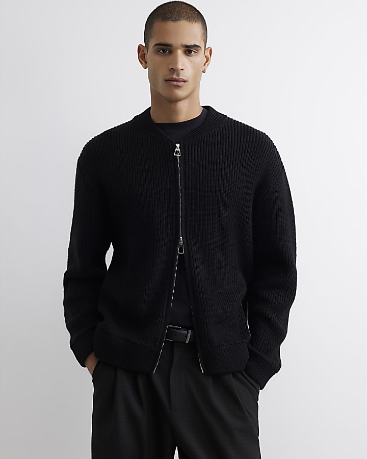Black Regular Fit Knitted Bomber Jacket