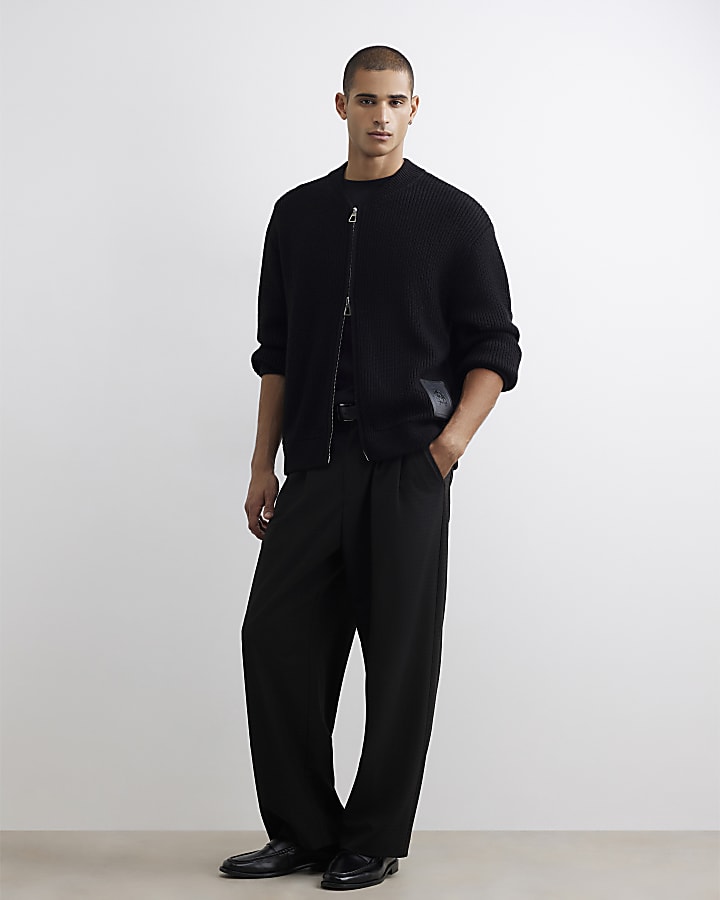 Black Regular Fit Knitted Bomber Jacket
