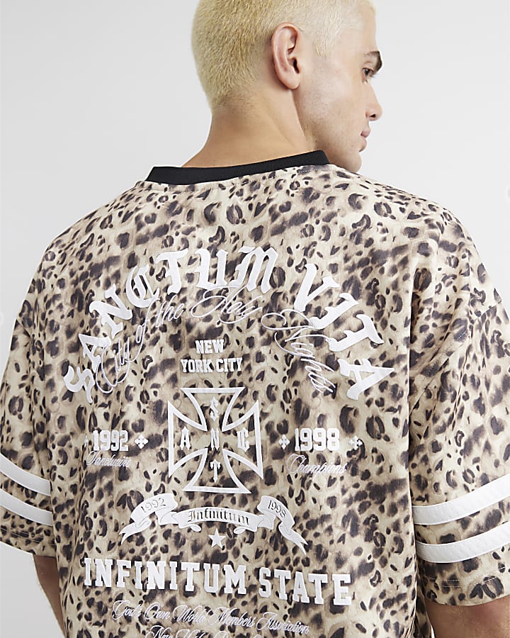 Beige Leopard Print V Neck Hockey T-Shirt