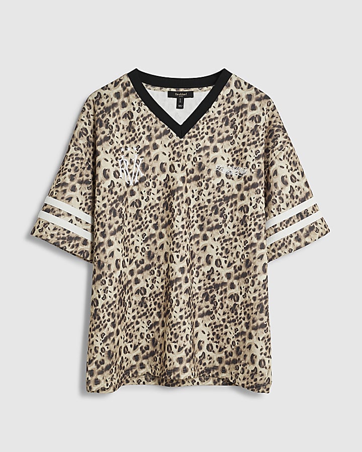 Beige Leopard Print V Neck Hockey T-Shirt