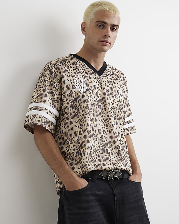 Beige Leopard Print V Neck Hockey T-Shirt