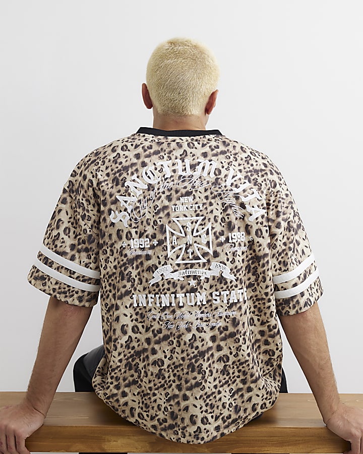 Beige Leopard Print V Neck Hockey T-Shirt