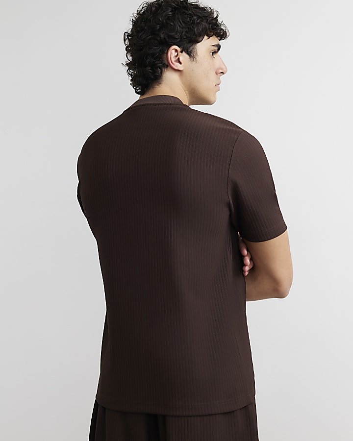 Brown Cotton Vertical Textured T-Shirt