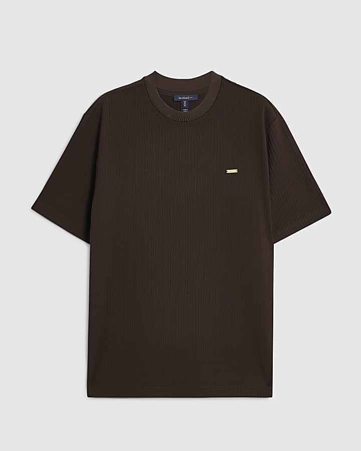 Brown Cotton Vertical Textured T-Shirt