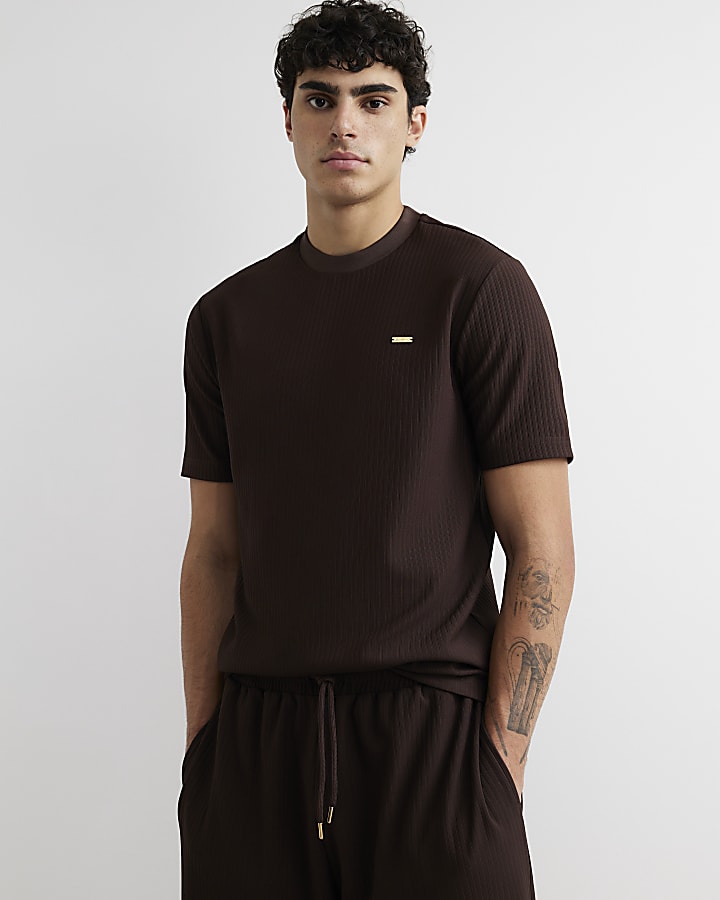 Brown Cotton Vertical Textured T-Shirt