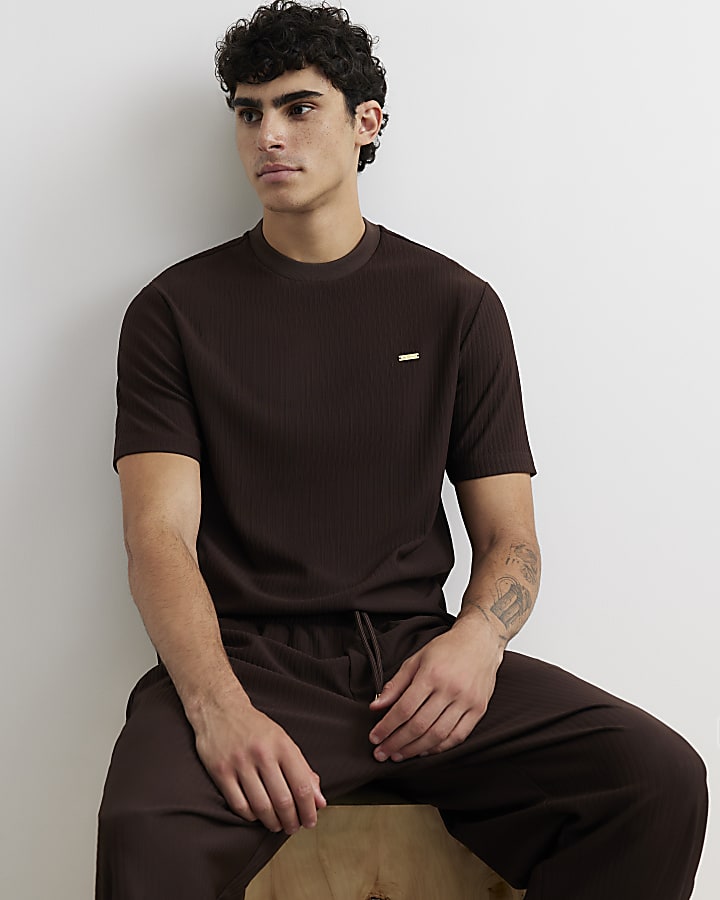 Brown Cotton Vertical Textured T-Shirt