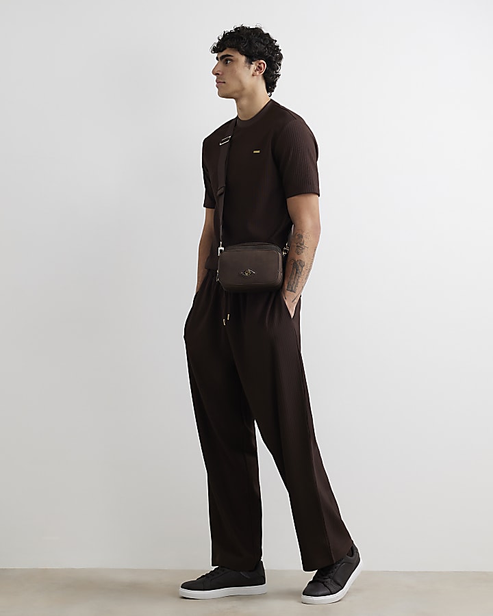 Brown Cotton Vertical Textured T-Shirt