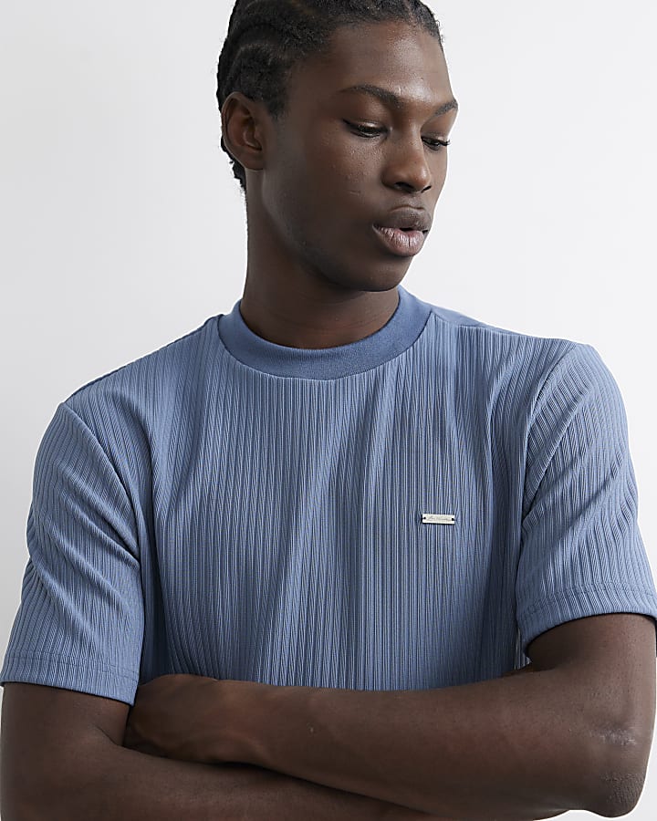 Blue Vertical Textured T-Shirt