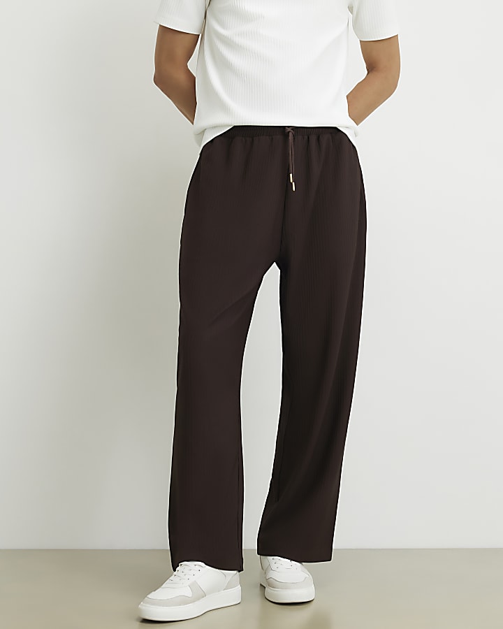 Brown Wide Leg Cotton Textured Joggers