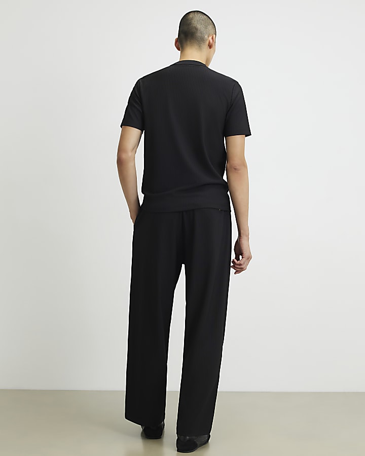 Black Wide Leg Cotton Textured Joggers