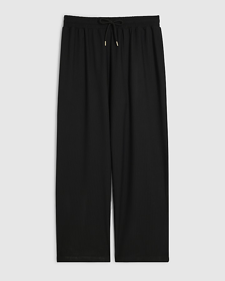 Black Wide Leg Cotton Textured Joggers