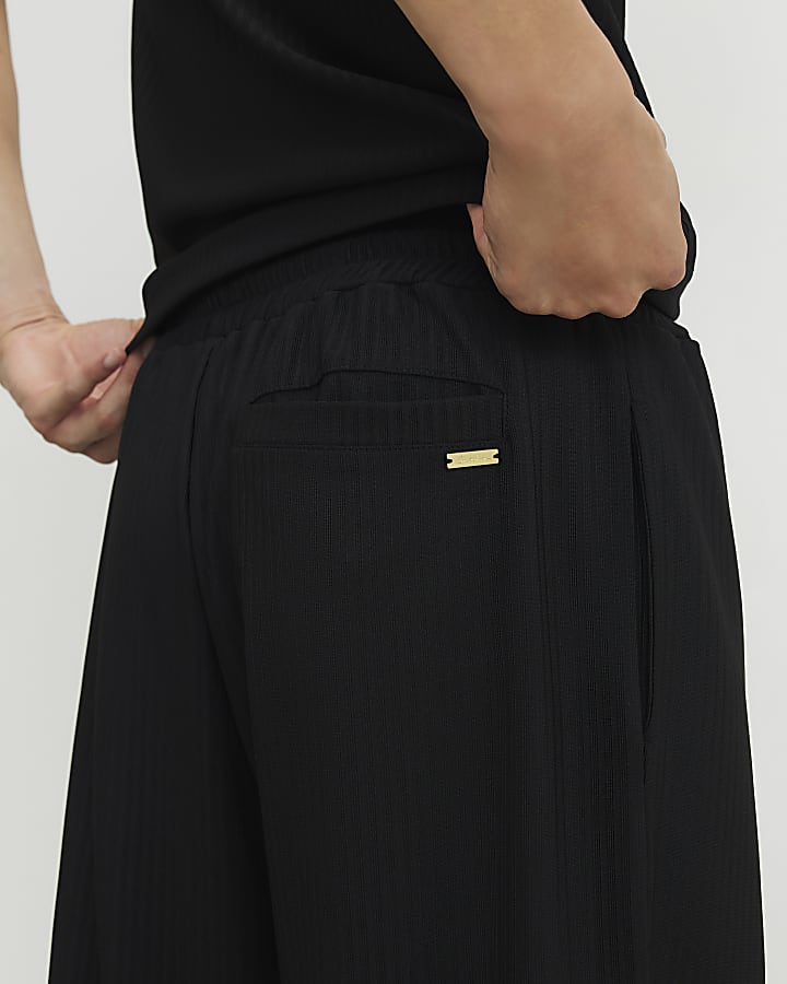 Black Wide Leg Cotton Textured Joggers
