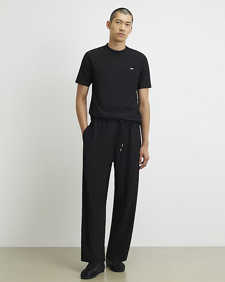 Black Wide Leg Cotton Textured Joggers