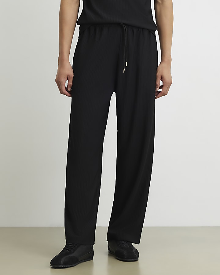 Black Wide Leg Cotton Textured Joggers