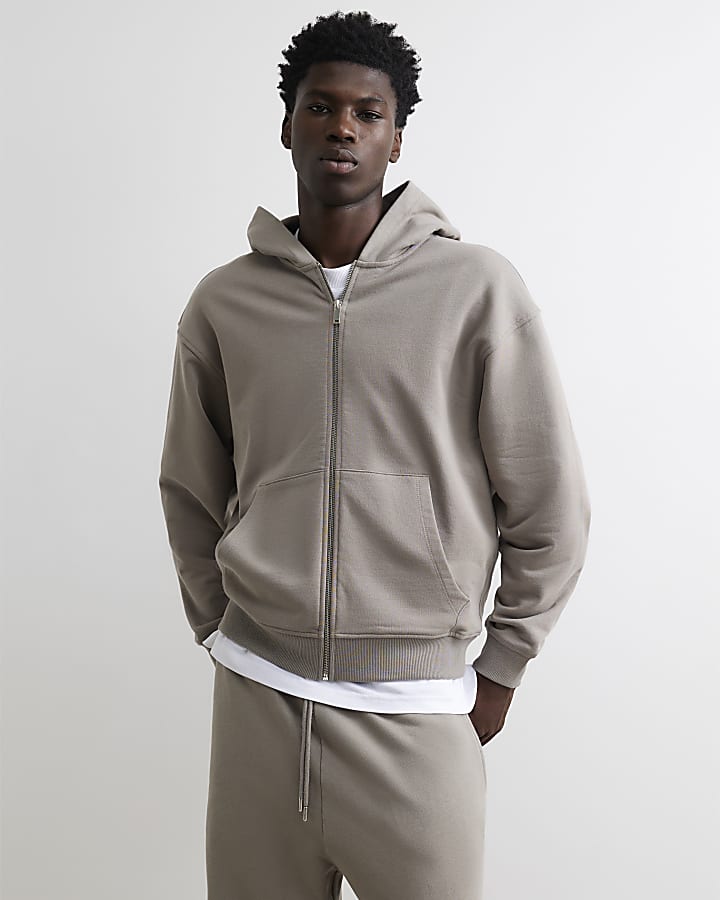 Grey Oversized Fit Washed Zip Through Hoodie