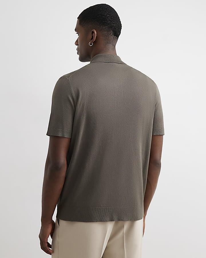 Khaki Slim Fit Knitted Button Through Shirt