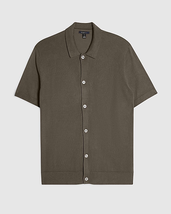 Khaki Slim Fit Knitted Button Through Shirt