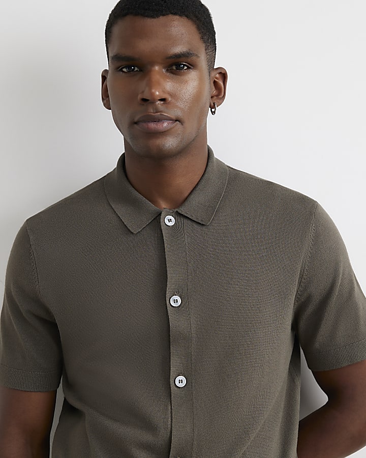 Khaki Slim Fit Knitted Button Through Shirt
