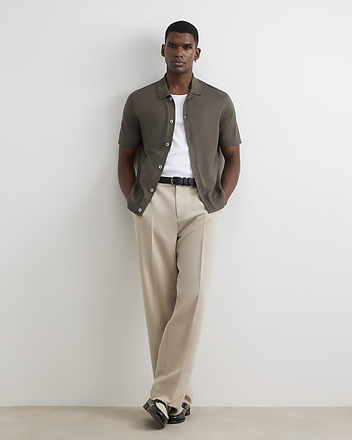 Khaki Slim Fit Knitted Button Through Shirt