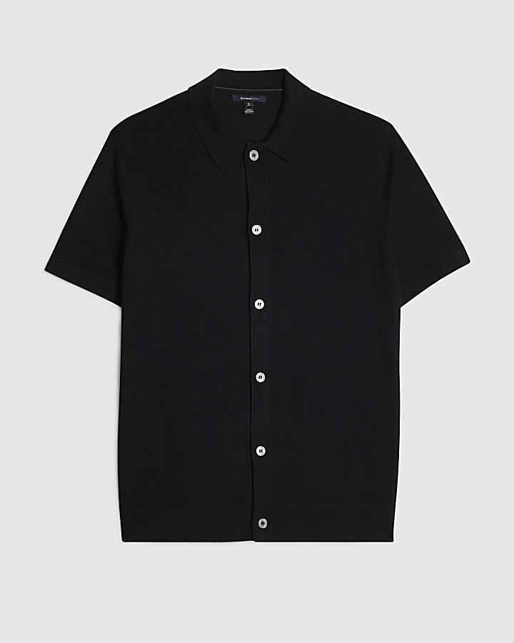 Black Slim Fit Knitted Button Through Shirt