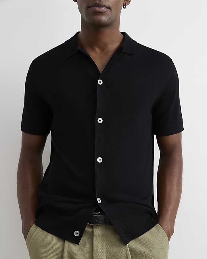Black Slim Fit Knitted Button Through Shirt