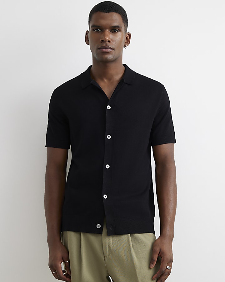 Black Slim Fit Knitted Button Through Shirt