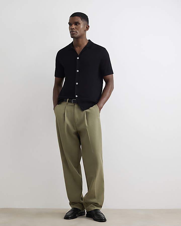 Black Slim Fit Knitted Button Through Shirt