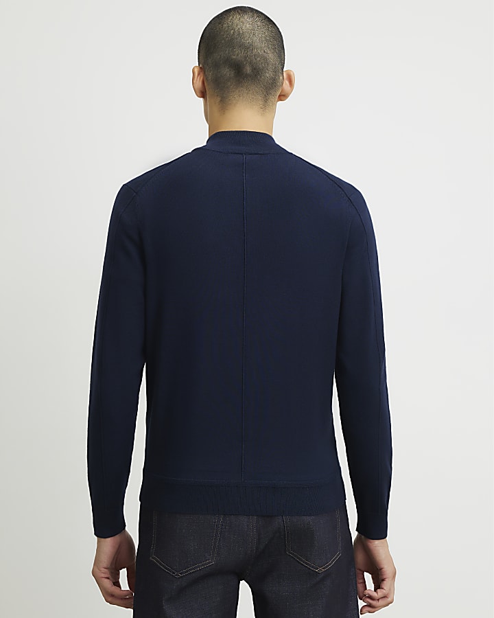Navy Slim Fit Zip Trough Jumper