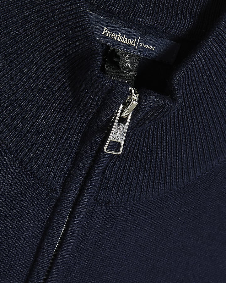 Navy Slim Fit Zip Trough Jumper