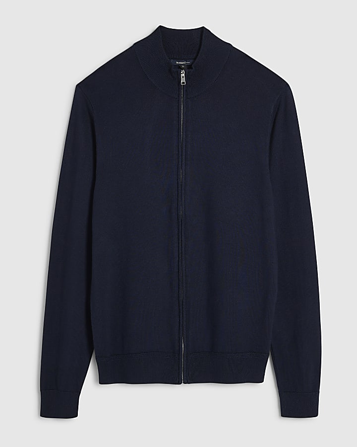 Navy Slim Fit Zip Trough Jumper