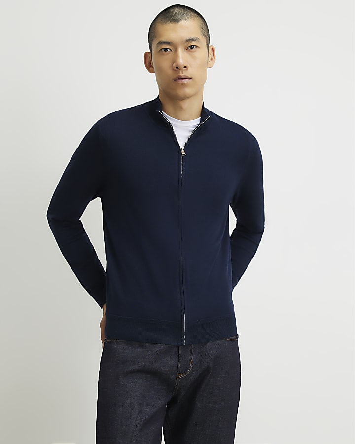 Navy Slim Fit Zip Trough Jumper