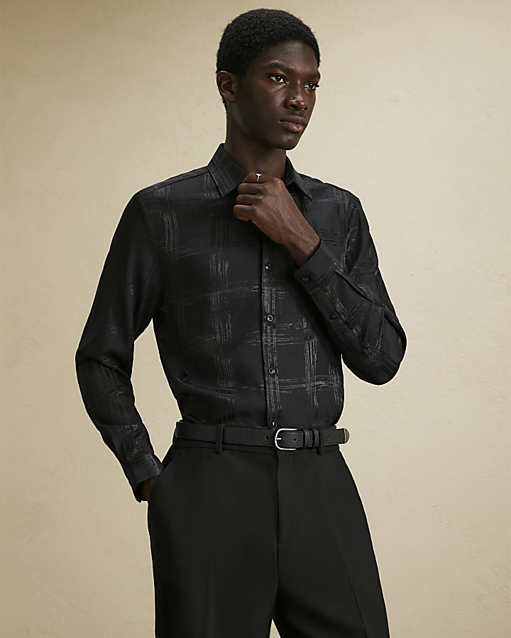 Black Slim Check Jacquard Shirt