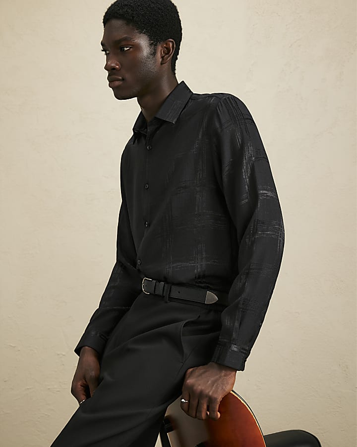 Black Slim Check Jacquard Shirt