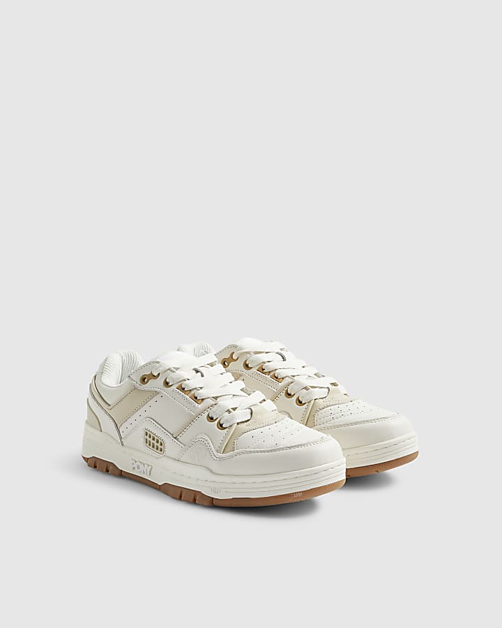 Beige Pony Leather Lace Up Trainers