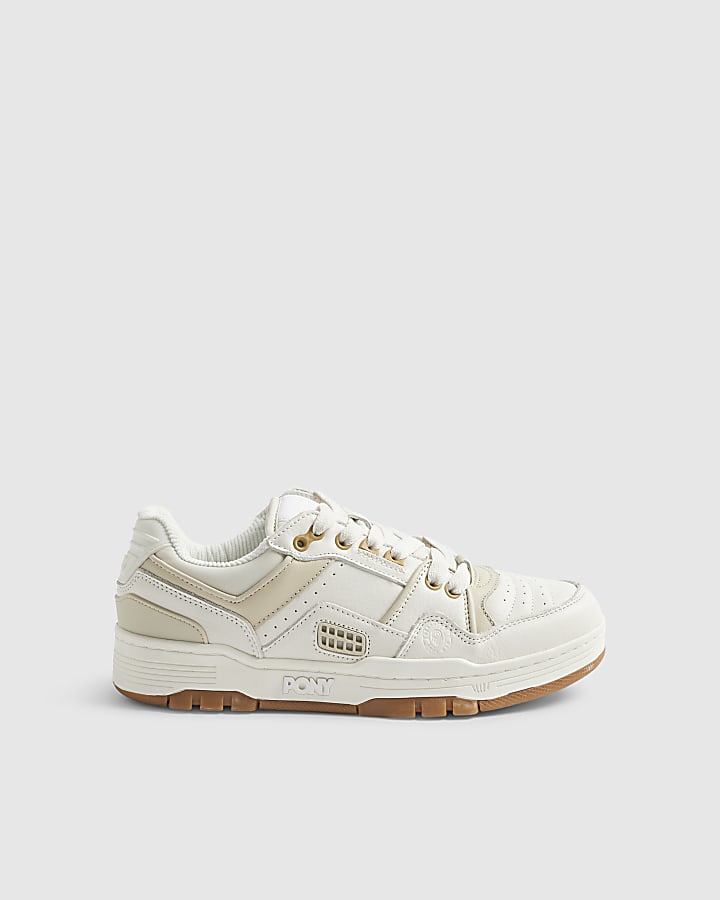 Beige Pony Leather Lace Up Trainers