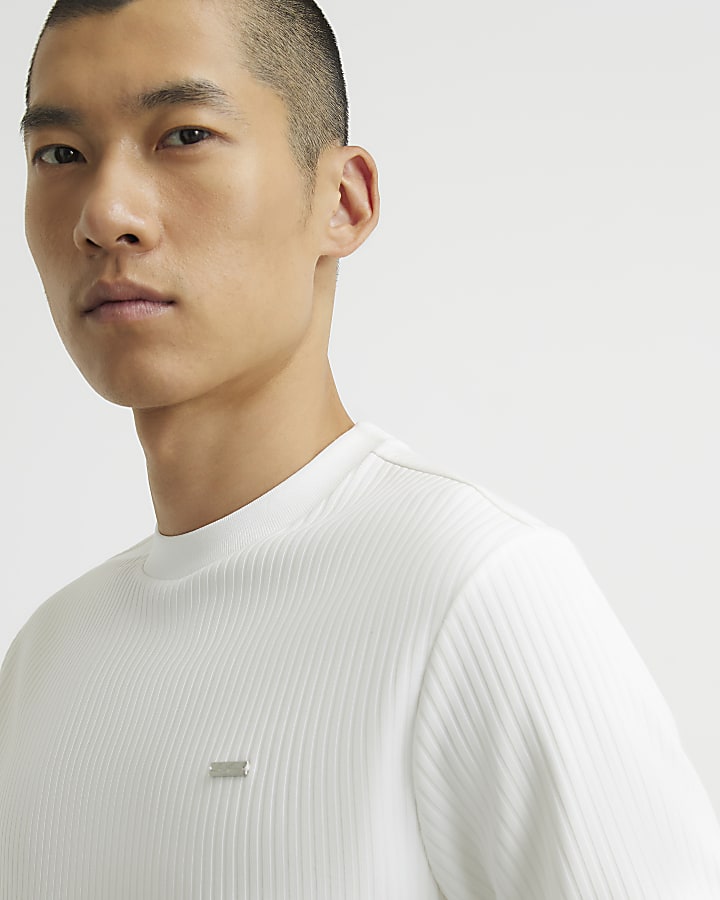 White Slim Fit Vertical Texture T-Shirt